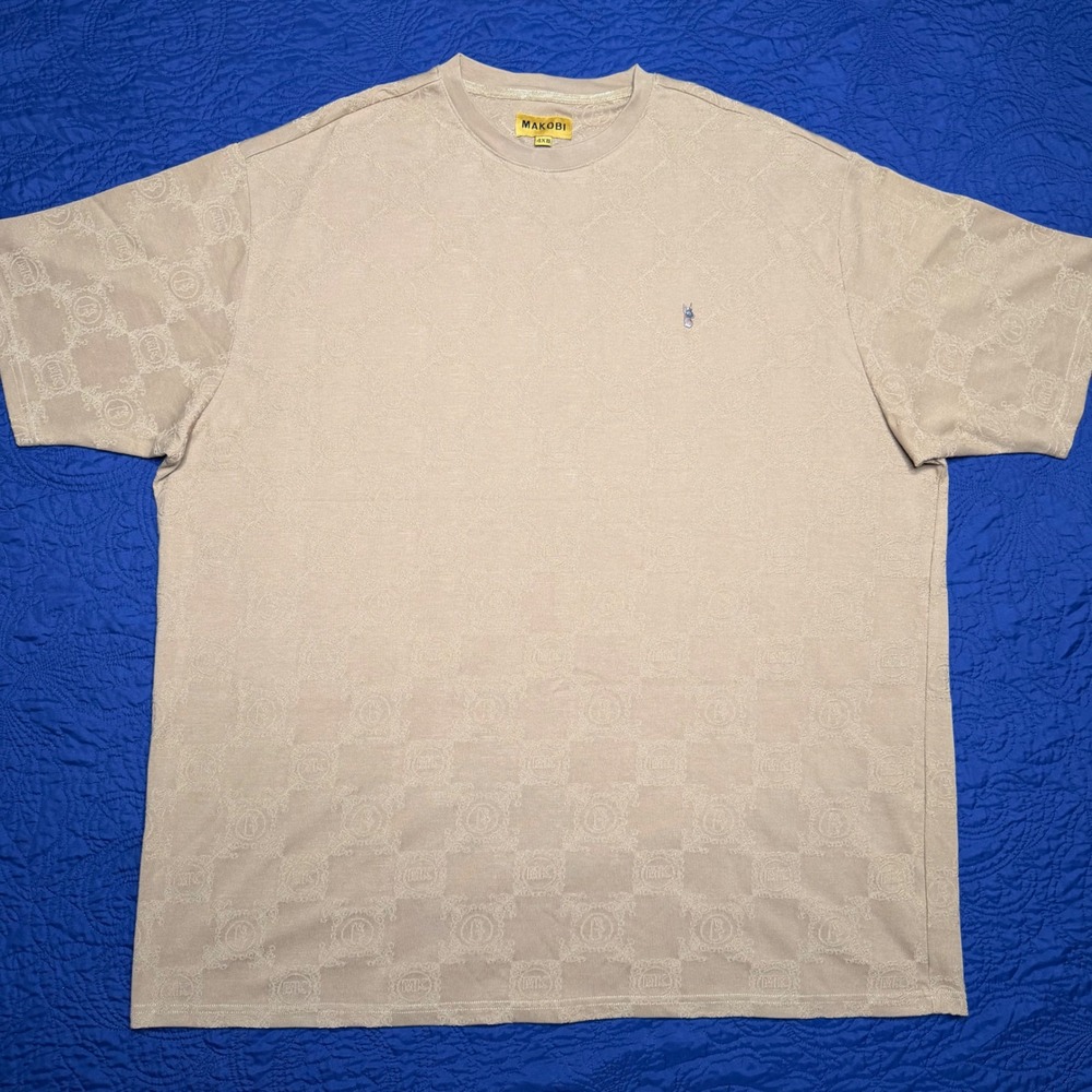 Makobi Mens Tan Monogram Jacquard Checkerboard T-Shirt 4XB Streetwear Frenchie
